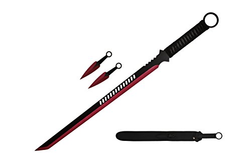 Wartech K1020-65-RD 440 Stainless Steel Full Tang Blade Ninja Hunting Machete Sword with Throwing Knives (2 Piece), 27″, Red